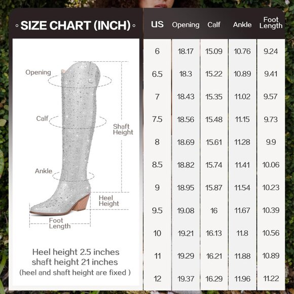 Women Silver Faux Leather Sparkly Bling Rhinestone Over the Knee Cowboy Boot - Picture 7 of 9